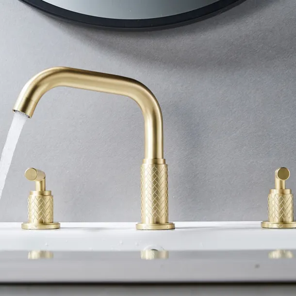 Widespread Bathroom Sink Mixer Faucet 360 Degree Swivel, Brass 3 Hole 2 Handle Basin Tap Deck Mounted, Washroom Basin Vessel Water Tap with Hot and Cold Hose