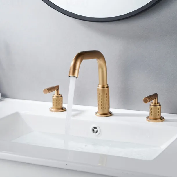 Widespread Bathroom Sink Mixer Faucet 360 Degree Swivel, Brass 3 Hole 2 Handle Basin Tap Deck Mounted, Washroom Basin Vessel Water Tap with Hot and Cold Hose