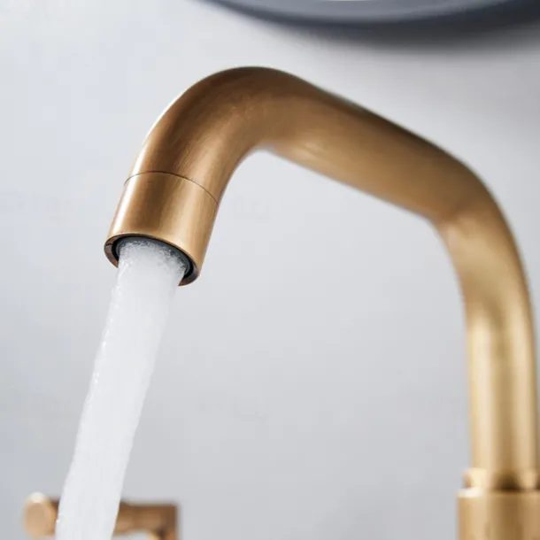 Widespread Bathroom Sink Mixer Faucet 360 Degree Swivel, Brass 3 Hole 2 Handle Basin Tap Deck Mounted, Washroom Basin Vessel Water Tap with Hot and Cold Hose