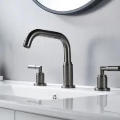 Widespread Bathroom Sink Mixer Faucet 360 Degree Swivel, Brass 3 Hole 2 Handle Basin Tap Deck Mounted, Washroom Basin Vessel Water Tap with Hot and Cold Hose