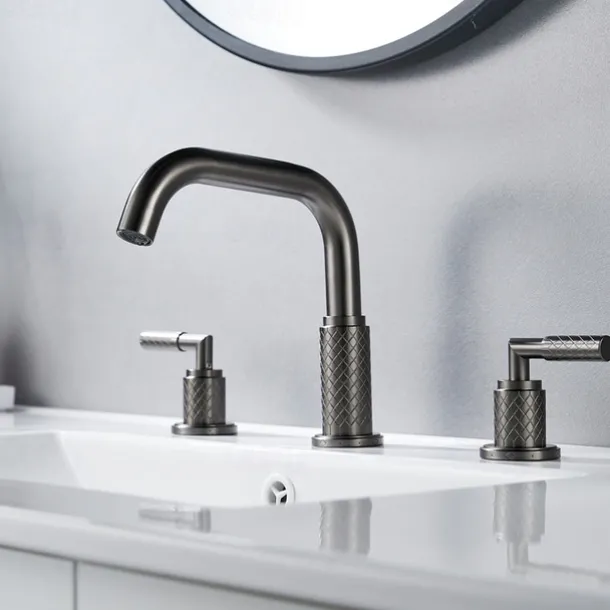 Widespread Bathroom Sink Mixer Faucet 360 Degree Swivel, Brass 3 Hole 2 Handle Basin Tap Deck Mounted, Washroom Basin Vessel Water Tap with Hot and Cold Hose