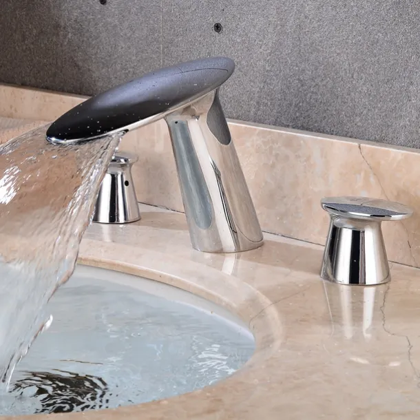 Widespread Bathroom Sink Faucet,Two Handle Three Holes Waterfall Electroplated Bath Taps