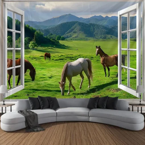 Window Animals Bear Hanging Tapestry Wall Art Large Tapestry Mural Decor Photograph Backdrop Blanket Curtain Home Bedroom Living Room Decoration