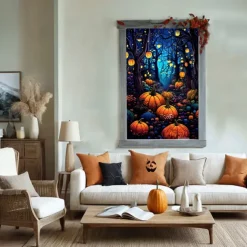 Window Cover Decorations, Fabric Folk Art Pumpkins Curtain Horror Movie Poster Window Door Covering Decor for Haunted House, Window Clings Decals Indoor Outdoor