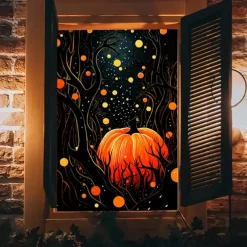 Window Cover Decorations, Fabric Folk Art Pumpkins Curtain Horror Movie Poster Window Door Covering Decor for Haunted House, Window Clings Decals Indoor Outdoor