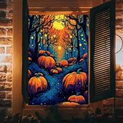 Window Cover Decorations, Fabric Folk Art Pumpkins Curtain Horror Movie Poster Window Door Covering Decor for Haunted House, Window Clings Decals Indoor Outdoor