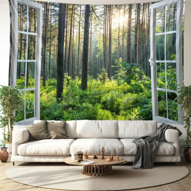 Window Forest View Hanging Tapestry Wall Art Large Tapestry Mural Decor Photograph Backdrop Blanket Curtain Home Bedroom Living Room Decoration