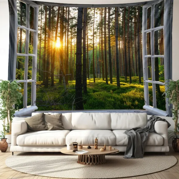 Window Forest View Hanging Tapestry Wall Art Large Tapestry Mural Decor Photograph Backdrop Blanket Curtain Home Bedroom Living Room Decoration