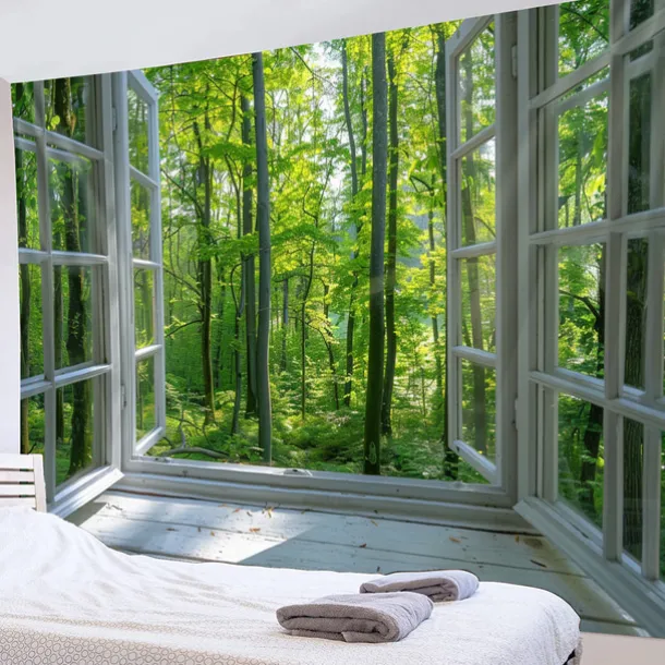 Window Forest View Hanging Tapestry Wall Art Large Tapestry Mural Decor Photograph Backdrop Blanket Curtain Home Bedroom Living Room Decoration