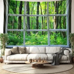 Window Forest View Hanging Tapestry Wall Art Large Tapestry Mural Decor Photograph Backdrop Blanket Curtain Home Bedroom Living Room Decoration