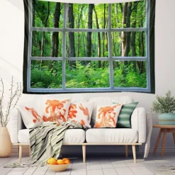 Window Forest View Hanging Tapestry Wall Art Large Tapestry Mural Decor Photograph Backdrop Blanket Curtain Home Bedroom Living Room Decoration