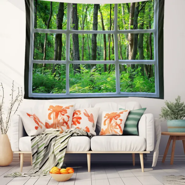 Window Forest View Hanging Tapestry Wall Art Large Tapestry Mural Decor Photograph Backdrop Blanket Curtain Home Bedroom Living Room Decoration