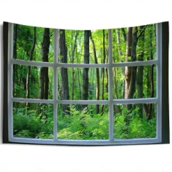 Window Forest View Hanging Tapestry Wall Art Large Tapestry Mural Decor Photograph Backdrop Blanket Curtain Home Bedroom Living Room Decoration