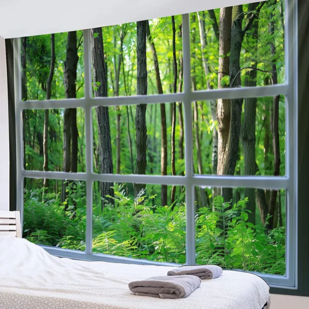 Window Forest View Hanging Tapestry Wall Art Large Tapestry Mural Decor Photograph Backdrop Blanket Curtain Home Bedroom Living Room Decoration