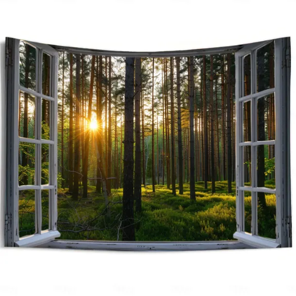 Window Forest View Hanging Tapestry Wall Art Large Tapestry Mural Decor Photograph Backdrop Blanket Curtain Home Bedroom Living Room Decoration
