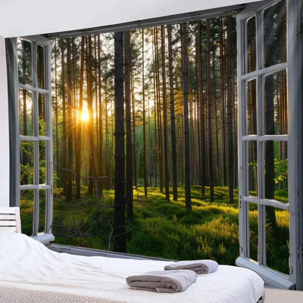 Window Forest View Hanging Tapestry Wall Art Large Tapestry Mural Decor Photograph Backdrop Blanket Curtain Home Bedroom Living Room Decoration