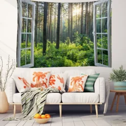 Window Forest View Hanging Tapestry Wall Art Large Tapestry Mural Decor Photograph Backdrop Blanket Curtain Home Bedroom Living Room Decoration