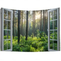 Window Forest View Hanging Tapestry Wall Art Large Tapestry Mural Decor Photograph Backdrop Blanket Curtain Home Bedroom Living Room Decoration