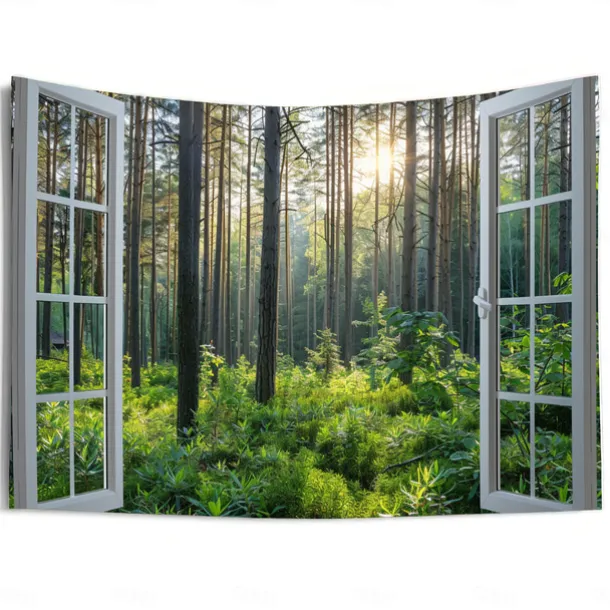 Window Forest View Hanging Tapestry Wall Art Large Tapestry Mural Decor Photograph Backdrop Blanket Curtain Home Bedroom Living Room Decoration