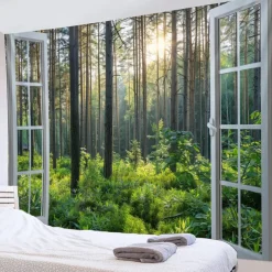 Window Forest View Hanging Tapestry Wall Art Large Tapestry Mural Decor Photograph Backdrop Blanket Curtain Home Bedroom Living Room Decoration