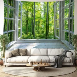Window Forest View Hanging Tapestry Wall Art Large Tapestry Mural Decor Photograph Backdrop Blanket Curtain Home Bedroom Living Room Decoration