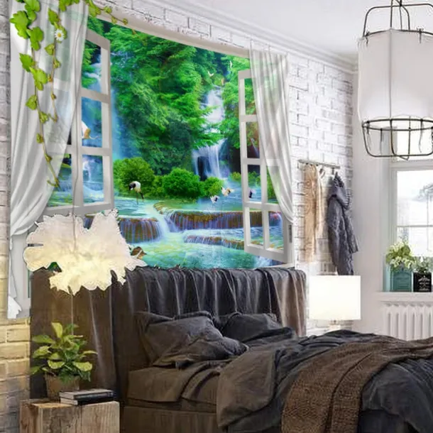 Window Landscape Large Wall Tapestry Art Decor Blanket Curtain Hanging Home Bedroom Living Room Decoration Waterfall Bird Crane