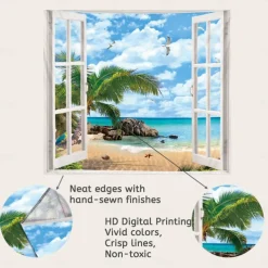Window Landscape Wall Tapestry Art Decor Blanket Curtain Picnic Tablecloth Hanging Home Bedroom Living Room Dorm Decoration Polyester Sea Ocean Beach Palm