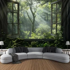 Window Landscape Wall Tapestry Art Decor Blanket Curtain Picnic Tablecloth Hanging Home Bedroom Living Room Dorm Decoration Polyester Forest