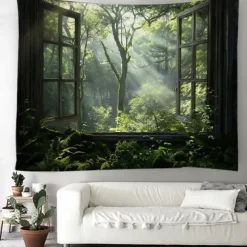 Window Landscape Wall Tapestry Art Decor Blanket Curtain Picnic Tablecloth Hanging Home Bedroom Living Room Dorm Decoration Polyester Forest