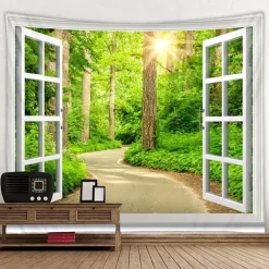 Window Landscape Wall Tapestry Art Decor Blanket Curtain Picnic Tablecloth Hanging Home Bedroom Living Room Dorm Decoration Polyester Forest