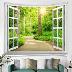 Window Landscape Wall Tapestry Art Decor Blanket Curtain Picnic Tablecloth Hanging Home Bedroom Living Room Dorm Decoration Polyester Forest