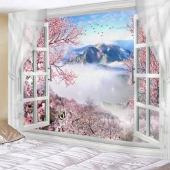 Window Landscape Wall Tapestry Art Decor Blanket Curtain Hanging Home Bedroom Living Room Decoration Tree Blossom Flower Mountain