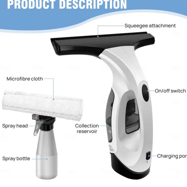 Window Vacuum, Cordless Window Cleaner, Rechargeable Condensation Vacuum Cleaner with Spray/Cleans/Suctions Water for Windows, Tiles, Glass, Mirrors, and Countertops