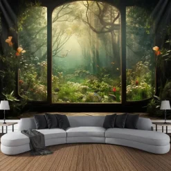 Window View Forest Hanging Tapestry Wall Art Large Tapestry Mural Decor Photograph Backdrop Blanket Curtain Home Bedroom Living Room Decoration