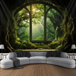 Window View Forest Hanging Tapestry Wall Art Large Tapestry Mural Decor Photograph Backdrop Blanket Curtain Home Bedroom Living Room Decoration