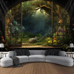 Window View Forest Hanging Tapestry Wall Art Large Tapestry Mural Decor Photograph Backdrop Blanket Curtain Home Bedroom Living Room Decoration