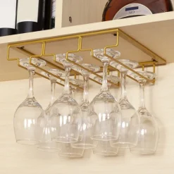 Wine Glass Rack Under Cabinet Stemware Holder Metal Wine Glass Organizer Glasses Storage Hanger for Bar Kitchen Home Black Gold White 3 Rows