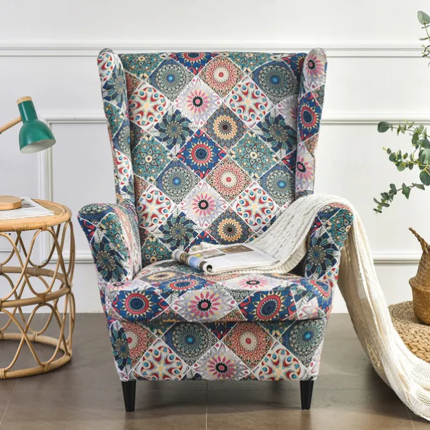Wing Chair Slipcover Spandex Fabric Sofa Covers Wingback Armchair with a Seat Cushion Cover FloralPattern Furniture Protector for Living Room