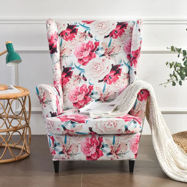 Wing Chair Slipcover Spandex Fabric Sofa Covers Wingback Armchair with a Seat Cushion Cover FloralPattern Furniture Protector for Living Room