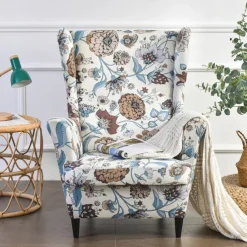 Wing Chair Slipcover Spandex Fabric Sofa Covers Wingback Armchair with a Seat Cushion Cover FloralPattern Furniture Protector for Living Room