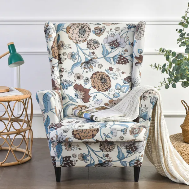 Wing Chair Slipcover Spandex Fabric Sofa Covers Wingback Armchair with a Seat Cushion Cover FloralPattern Furniture Protector for Living Room