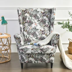 Wing Chair Slipcover Spandex Fabric Sofa Covers Wingback Armchair with a Seat Cushion Cover FloralPattern Furniture Protector for Living Room
