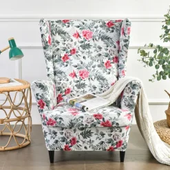 Wing Chair Slipcover Spandex Fabric Sofa Covers Wingback Armchair with a Seat Cushion Cover FloralPattern Furniture Protector for Living Room