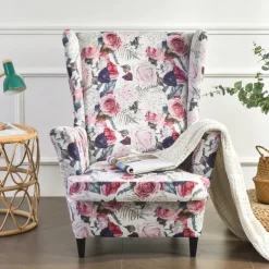 Wing Chair Slipcover Spandex Fabric Sofa Covers Wingback Armchair with a Seat Cushion Cover FloralPattern Furniture Protector for Living Room