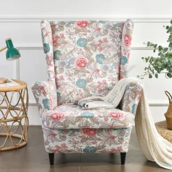 Wing Chair Slipcover Spandex Fabric Sofa Covers Wingback Armchair with a Seat Cushion Cover FloralPattern Furniture Protector for Living Room
