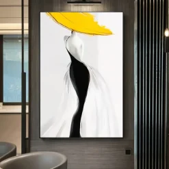 Woman in yellow hat Modern Abstract Sexy Woman Figure Canvas Painting Hand-painted Wall Art for Living Room Home Decor No Frame