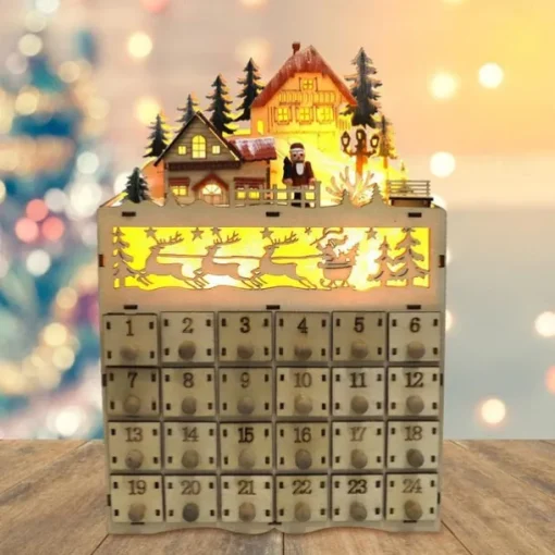 Wooden Advent Calendar with 24 Drawers DIY Christmas Calendar with LED Lighting Gift for Children