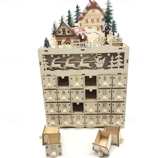 Wooden Advent Calendar with 24 Drawers DIY Christmas Calendar with LED Lighting Gift for Children