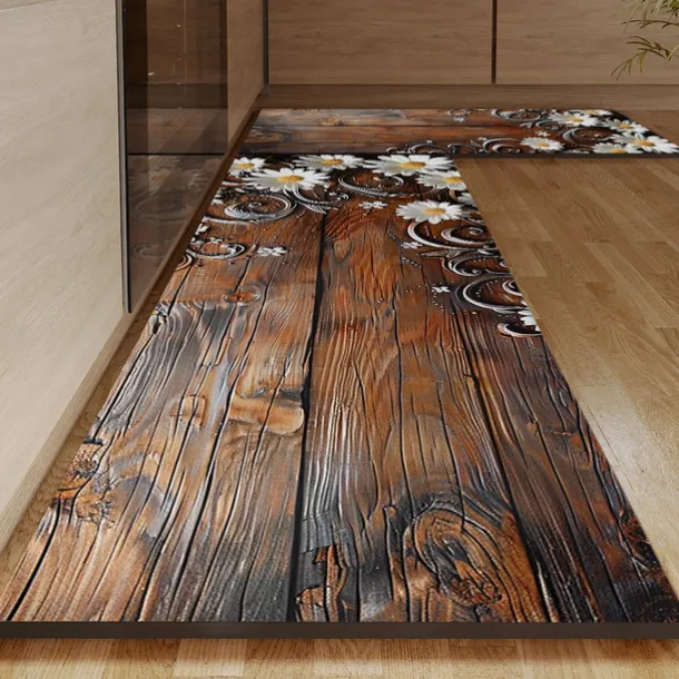Wooden Daisy Area Rug Kitchen Mat Non-Slip Oil Proof Floor Mat Livingroom Rug Indoor Outdoor Mat Bedroom Decor Bathroom Mat Entrance Rug Door Mat
