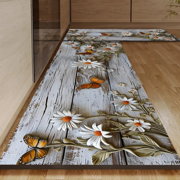 Wooden Daisy Area Rug Kitchen Mat Non-Slip Oil Proof Floor Mat Livingroom Rug Indoor Outdoor Mat Bedroom Decor Bathroom Mat Entrance Rug Door Mat